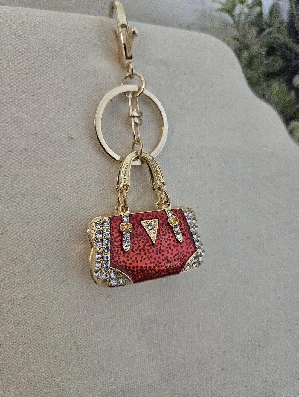 Gold-Tone Red Mini Handbag Keychain Charm
